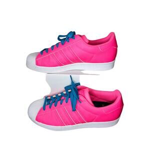 Adidas Pink Superstar sneakers with Blue Laces